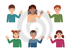 Kid boys and girls waving their hands hello, bye. Children waving in greeting, goodbye. Vector illustration