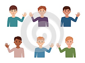 Kid boys waving their hands hello, bye. Children waving in greeting, goodbye. Vector illustration