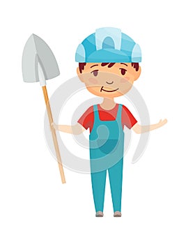 Kid builder. Little worker in helmet. Children with construction shovel making job. Working builder in blue helmet