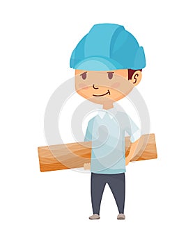 Kid builder. Little worker in helmet. Children with construction wooden board, making job. Working builder in blue