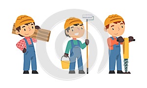 Kid builders in overalls and safety hard hat working with construction tools set cartoon vector illustration