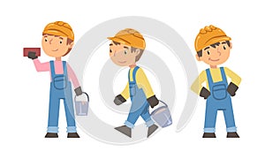 Kid builders working with construction tools set. Boys in overalls and safety hard hat cartoon vector illustration