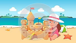 Kid building big sandcastle sit on seashore