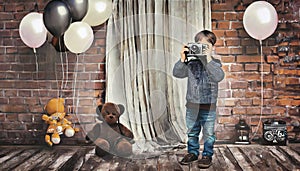 kid with camera with brick background