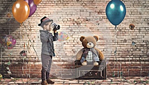 kid with camera with brick background