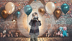 kid with camera with brick background