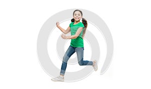 Kid captured in motion. How raise active kid. Free and full of energy. Rules to keep kids active. Girl cute child with