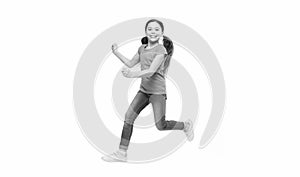 Kid captured in motion. How raise active kid. Free and full of energy. Rules to keep kids active. Girl cute child with