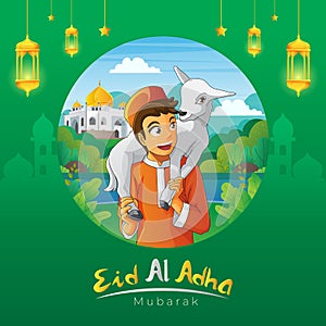 A kid carrying his goat for eid al adha greeting card