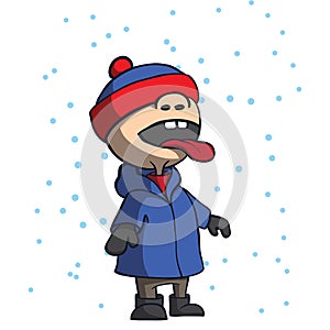 Kid catching and eating snowflakes. Cartoon vector