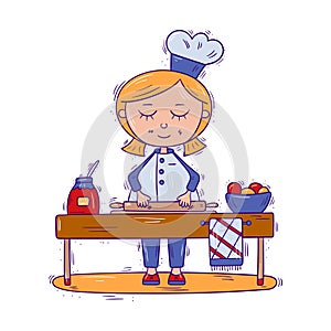Kid character in chef`s uniform with a rolling pin, a girl cooking standing at the table on the kitchen - Vector