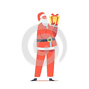 Kid Character Wear Santa Claus Suit, Hat and Beard, Child in Christmas Costume with Gift in Hands, Little Boy on Matinee