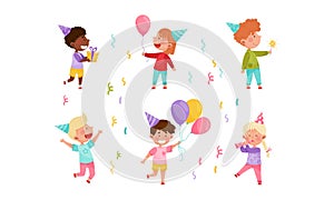 Kid Characters in Birthday Hat at Party Holding Gift Box and Balloons Vector Illustration Set