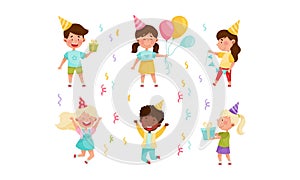 Kid Characters in Birthday Hat at Party Holding Gift Box and Balloons Vector Illustration Set