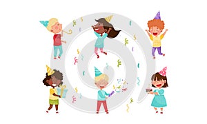 Kid Characters in Birthday Hat at Party Holding Gift Box and Cracker Vector Illustration Set