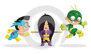 Kid Characters in Bright Superhero Costumes and Masks Vector Set