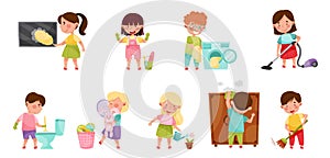 Kid Characters Cleaning Room and Doing Household Chores Vector Illustration Set