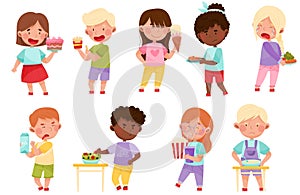 Kid Characters Showing Likes and Dislikes Towards Different Food Vector Illustration Set