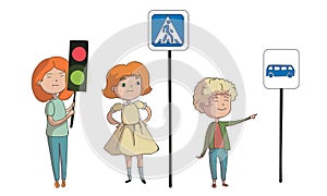 Kid Characters Standing Near Direction Signs Vector Set