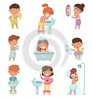 Kid Characters Taking Bath and Brushing Teeth Vector Illustrations Set