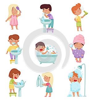 Kid Characters Taking Bath and Brushing Teeth Vector Illustrations Set