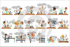 Kid chemists characters posing in different situations looking dirty after failed chemical experiments set of vector