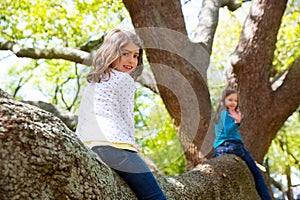 Kid children girls playing riding a tree branch