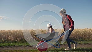 kid children play with a garden trolley car ride on wheelbarrow. happy family farming dream concept. lifestyle happy