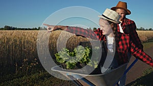 Kid children sisters play with a garden trolley car ride on wheelbarrow. Little girl child in hat happy family