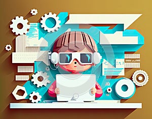 Kid Coding Computer Programming Paper cut banner, Generative AI
