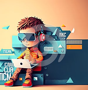 Kid Coding Computer Programming Paper cut banner, Generative AI