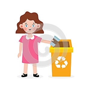 Kid collect rubbish for recycling, Child Segregating Trash, recycling trash, Save the World, recycling isolated on white backgroun