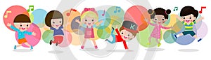 Kid dancing together, Children dancing break dance. boys and girls dancer, Happy multiracial child jumping on background colorful