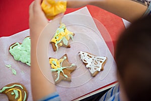 Kid decorates Christmas cookies