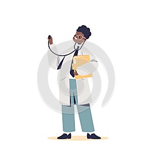 Kid doctor. Small child boy in white uniform holding stethoscope work as medical worker