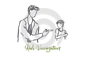 Kid, doctor, vaccine, injection, boy concept. Hand drawn isolated vector.