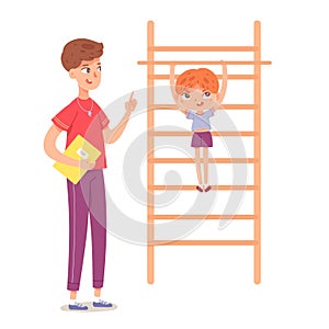 Kid doing pull ups in physical education class at school. Child with teacher doing exercise on ladder in PE vector