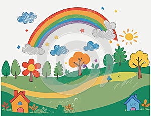 Kid drawing landscape with tree, house and rainbow