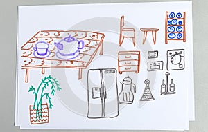 Kid drawings set of different kitchen furniture and tableware