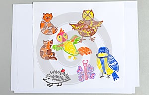 Kid drawings set of different wild animals birds and insects