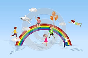 Kid dream world and entertainment concept. Happy children playing on rainbow, amusement fun park festival flying in sky background