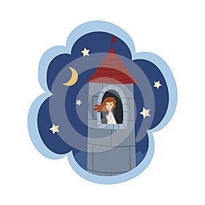 Kid Dreams, Sweet Dream Cloud with Girl Princess Sitting in Castle Tower, Childhood Fantasy Vector Illustration