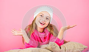 Kid dreamy lean on pillows. Winter season coziness attribute. Winter season concept. Winter fashion accessory. Kid girl