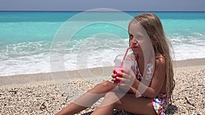 Kid Drinking Ice Juice on Beach, Child Playing on Seashore, Thirsty Young Girl Portrait View on Coastline in Summer Vacation