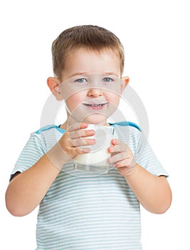 Kid drinking yogurt or kefir isolated on white