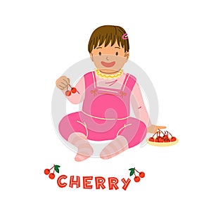 Kid eating cherry berry flat vector illustration