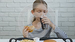 Kid Eating Fast Food, Child Eats Hamburger, Girl Drinking Juice in Restaurant, Unhealthy Lunch, Children Healthcare