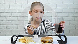 Kid Eating Fast Food, Child Eats Hamburger in Restaurant, Girl Drinking Juice