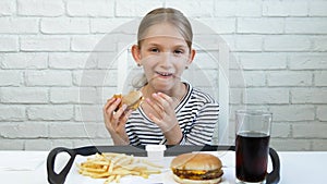 Kid Eating Fast Food, Child Eats Hamburger in Restaurant, Girl Drinking Juice