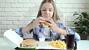 Kid Eating Fast Food, Child Eats Hamburger in Restaurant, Teenager Blonde Girl Drinking Juice
